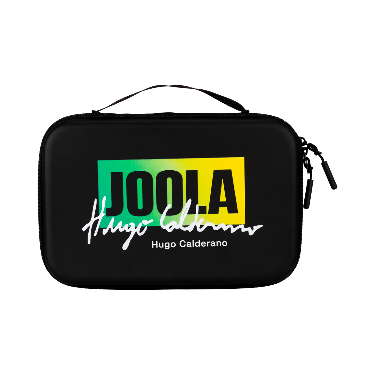 White background, product image showing a black hardcase JOOLA x Hugo Calderano table tennis racket case.