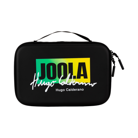 White background, product image showing a black hardcase JOOLA x Hugo Calderano table tennis racket case.