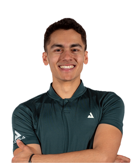 Image of JOOLA pro Aanik Lohani arms crossed wearing a green JOOLA Polo.