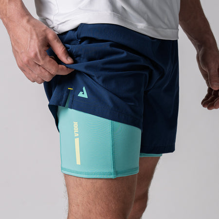 Close up image showing the under shorties of a pair of JOOLA Men's 2 in 1 Shorts, Navy.