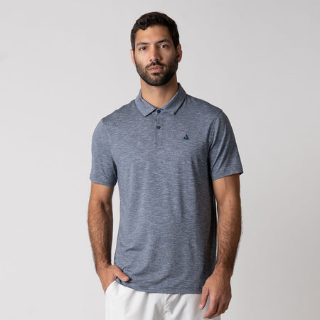 Image of a male model wearing a JOOLA men's club polo, navy heather.