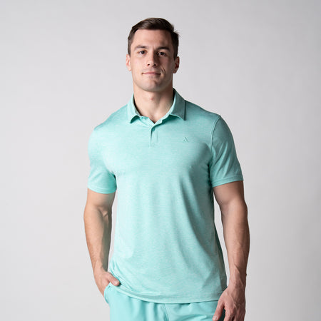 Image of a male model wearing a JOOLA men's club polo, tropical tide heather.