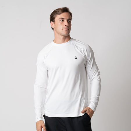 Image of a male model wearing a men's court long sleeve shirt, white.