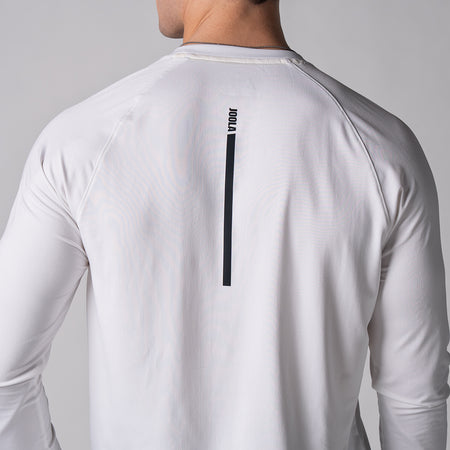 Image of the back of a JOOLA Men's Court Long Sleeve Shirt, white with the black JOOLA logo down the middle.