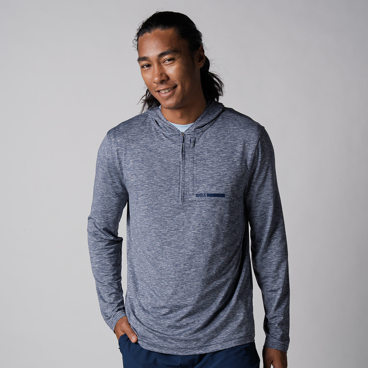 Image of a male model wearing a JOOLA Men's Quarter Zip Hoodie, Navy Heather.