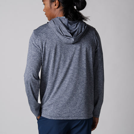 Image of the back of a model wearing a JOOLA Men's Quarter Zip Hoodie, Navy Heather.