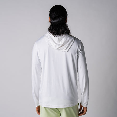 Image showing the back of a male model wearing a JOOLA Men's Quarter Zip Hoodie. White.