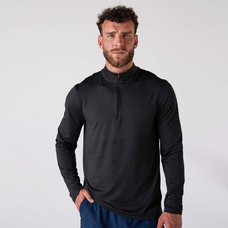 Image of a male model wearing a JOOLA Men's Quarter Zip Pullover, Black.