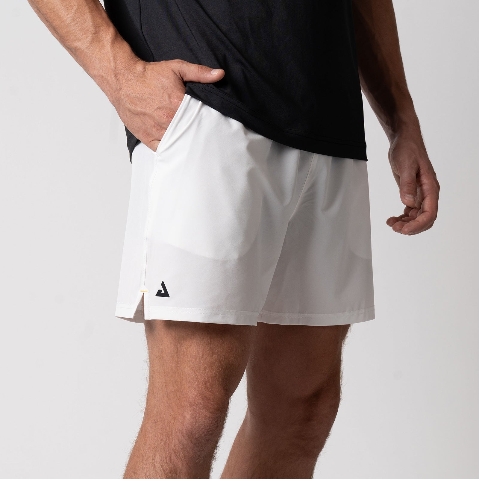 Close up view of the a pair of Men's Woven Shorts, 5-inch inseam, white.