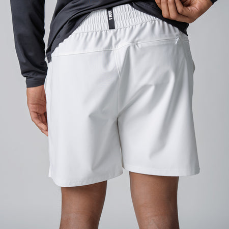 Close up image of the back of a pair of JOOLA Men's Woven Shorts, 5-inch inseam, white.