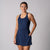 Image of a female model wearing a JOOLA Women's Court Racerback Dress, Navy.