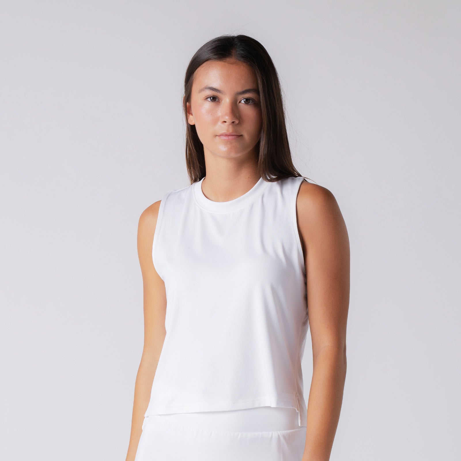 Image of a female model wearing a JOOLA Women's Court Tank Top, white.