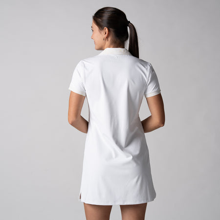 Image of the back of a JOOLA women's novelty polo dress, white.