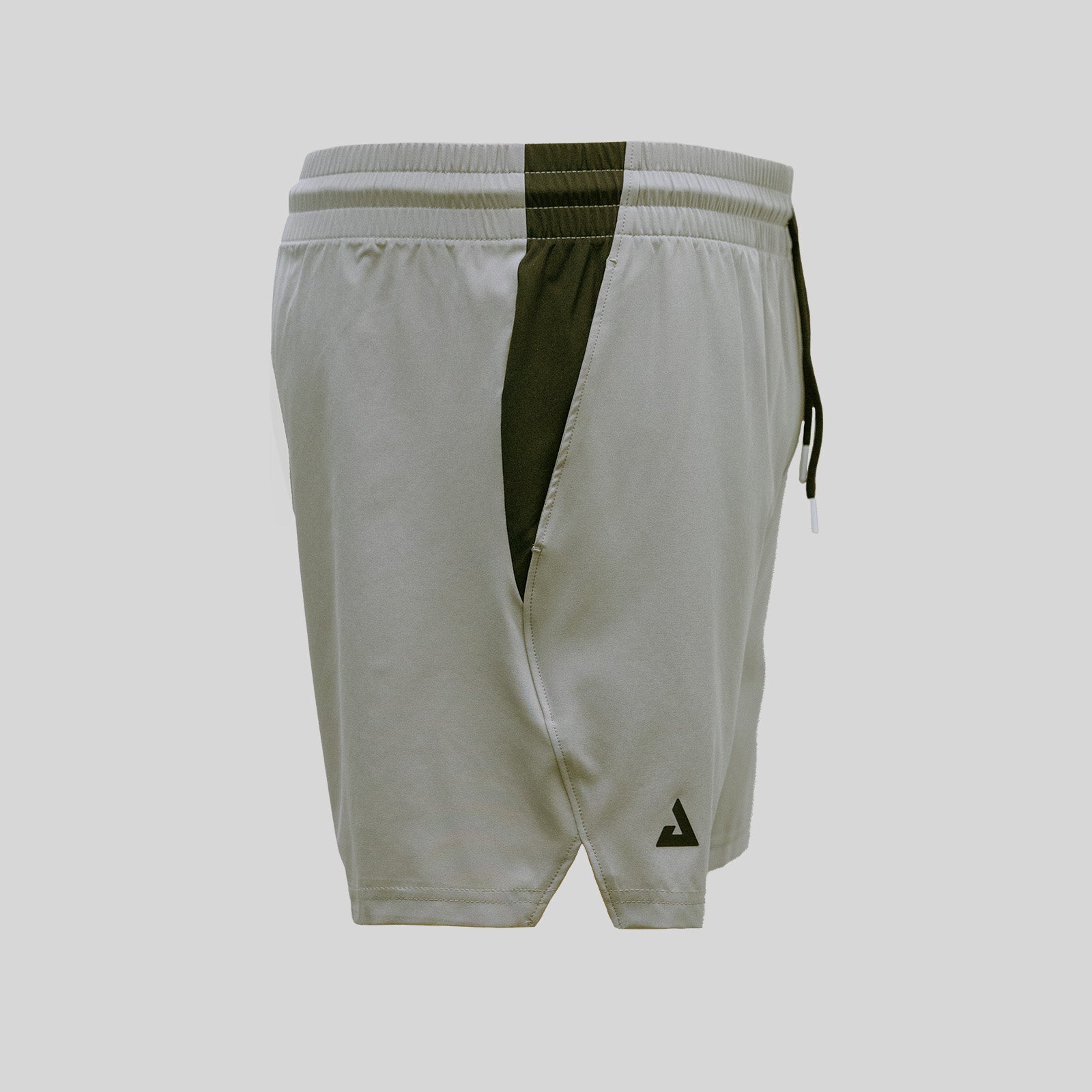 A pair of light gray JOOLA athletic shorts with a dark olive green vertical stripe down the front, a matching dark green drawstring, and a small dark green triangular logo near the hem, shown against a solid light gray background.