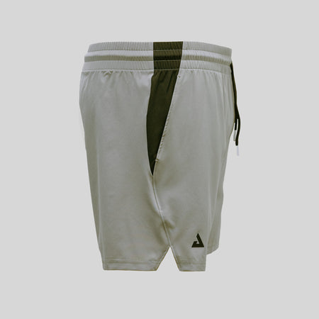 A pair of light gray JOOLA athletic shorts with a dark olive green vertical stripe down the front, a matching dark green drawstring, and a small dark green triangular logo near the hem, shown against a solid light gray background.