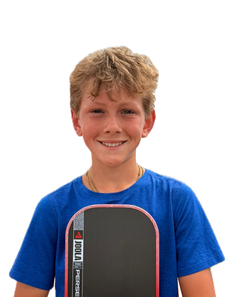 JOOLA junior pro holding a Perseus Pro V in hand and wearing a blue shirt.