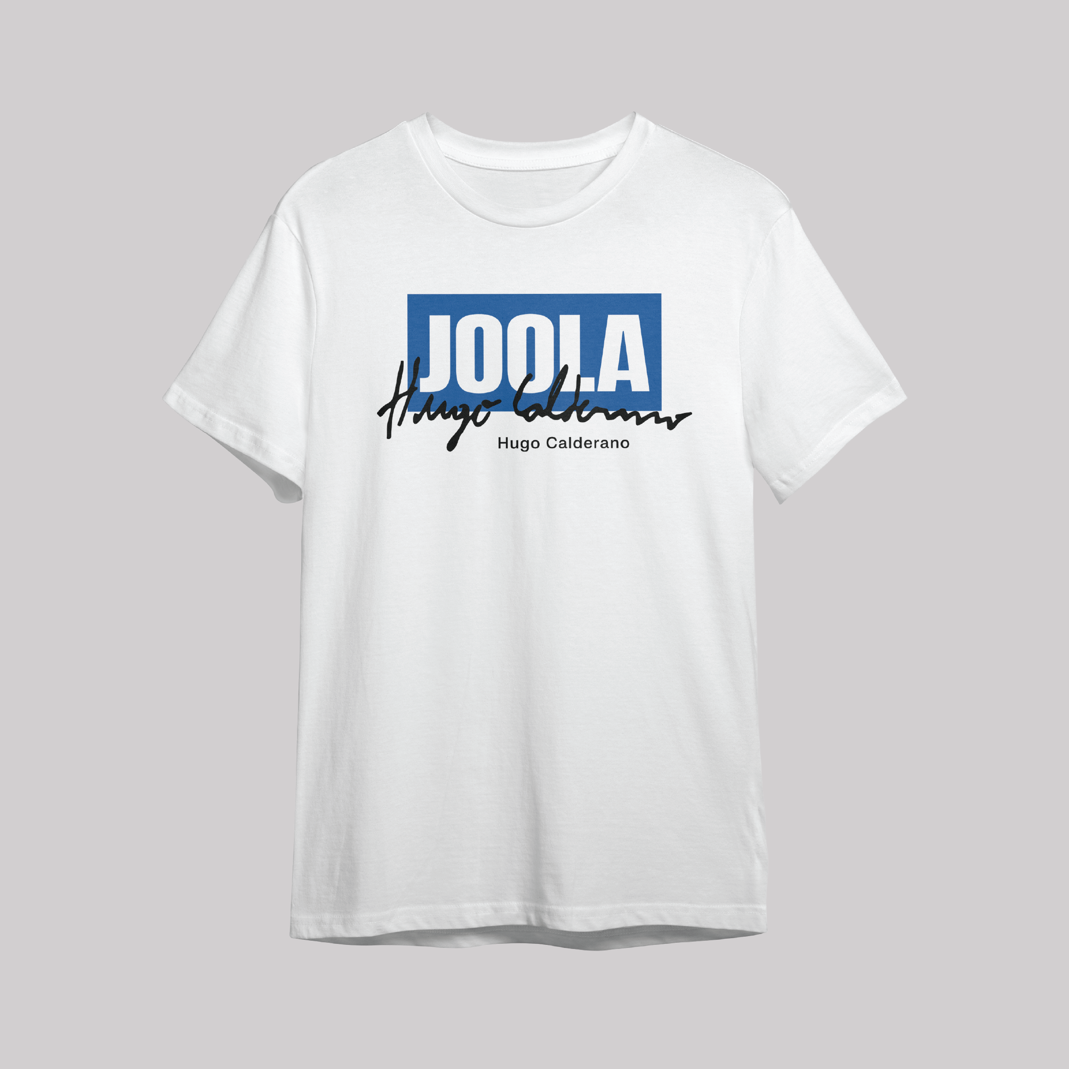 Gray background, product image of the JOOLA Hugo Calderano Table Tennis graphic tee, white and blue.