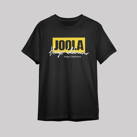 Gray background, product image of a black and yellow JOOLA Hugo Calderano Table Tennis shirt.