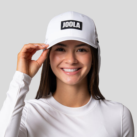 Product image of a white and black JOOLA Two-in-One Sun Cap.