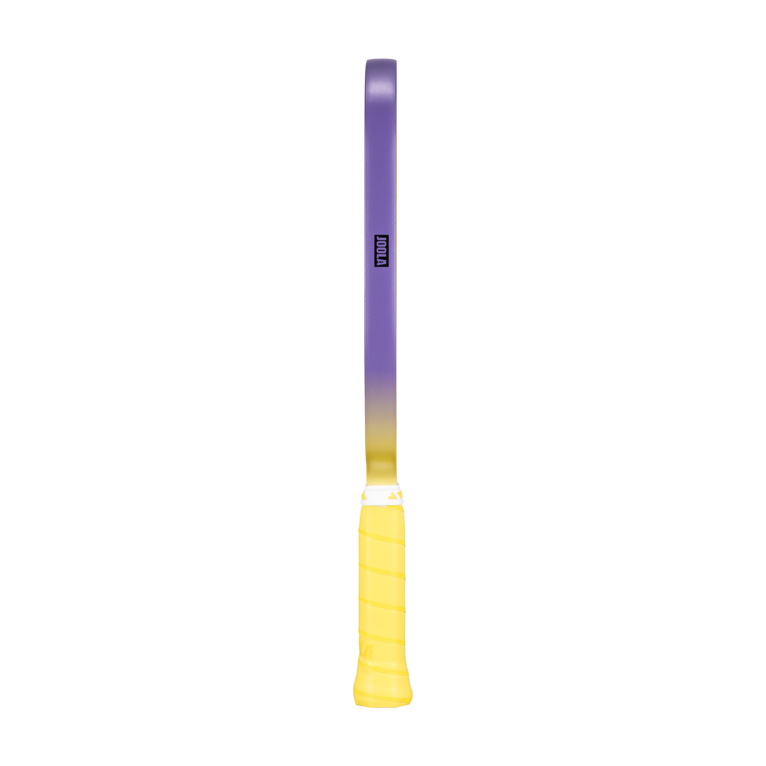 Gradient purple to yellow edge guard on the JOOLA Agassi Edge Heat Vision pickleball paddle, yellow handle and purple and yellow colorway.