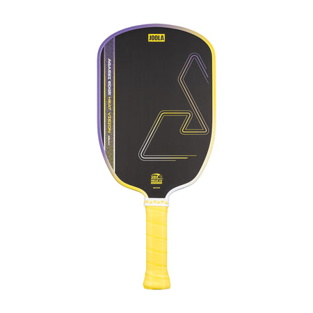 White background, product image of the JOOLA Agassi Edge Heat Vision pickleball paddle, yellow handle and purple and yellow colorway.