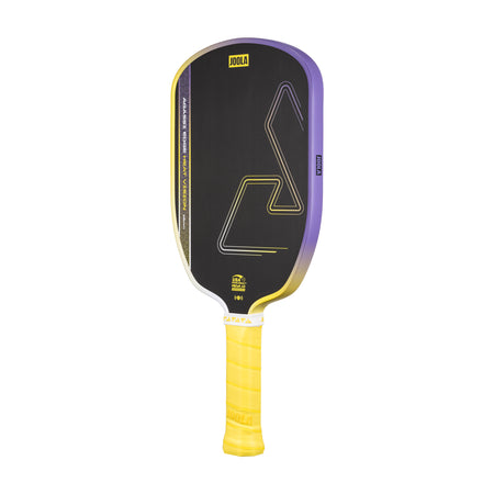 White background, product image of the JOOLA Agassi Edge Heat Vision pickleball paddle, yellow handle and purple and yellow colorway.