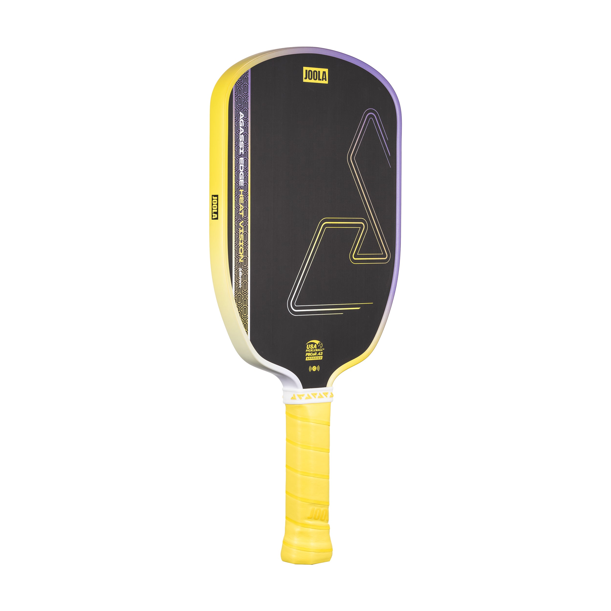 White background, product image of the JOOLA Agassi Edge Heat Vision pickleball paddle, yellow handle and purple and yellow colorway.
