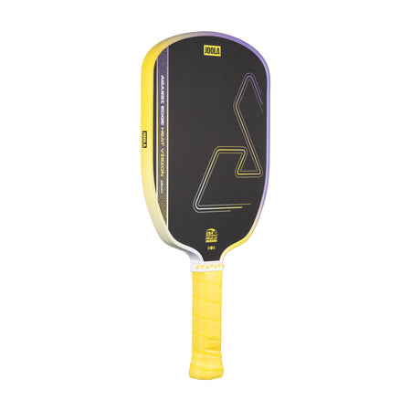 White background, product image of the JOOLA Agassi Edge Heat Vision pickleball paddle, yellow handle and purple and yellow colorway.