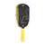 White background, product image of the JOOLA Agassi Edge Heat Vision pickleball paddle, yellow handle and purple and yellow colorway.