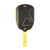 White background, product image of the JOOLA Agassi Edge Heat Vision pickleball paddle, yellow handle and purple and yellow colorway.