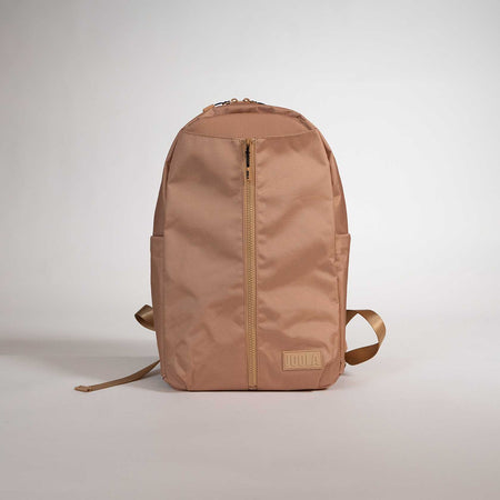 Brown JOOLA backpack on a light gray background.