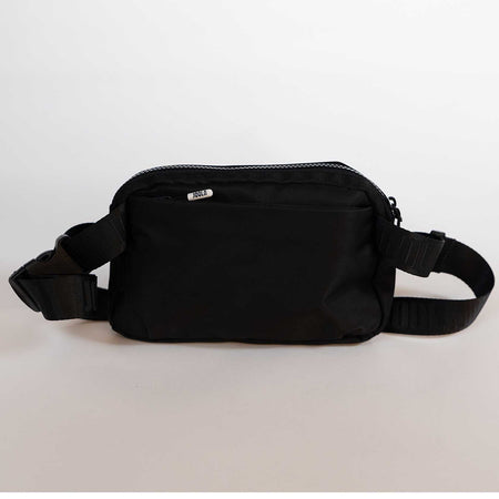Black waist bag on a white background.