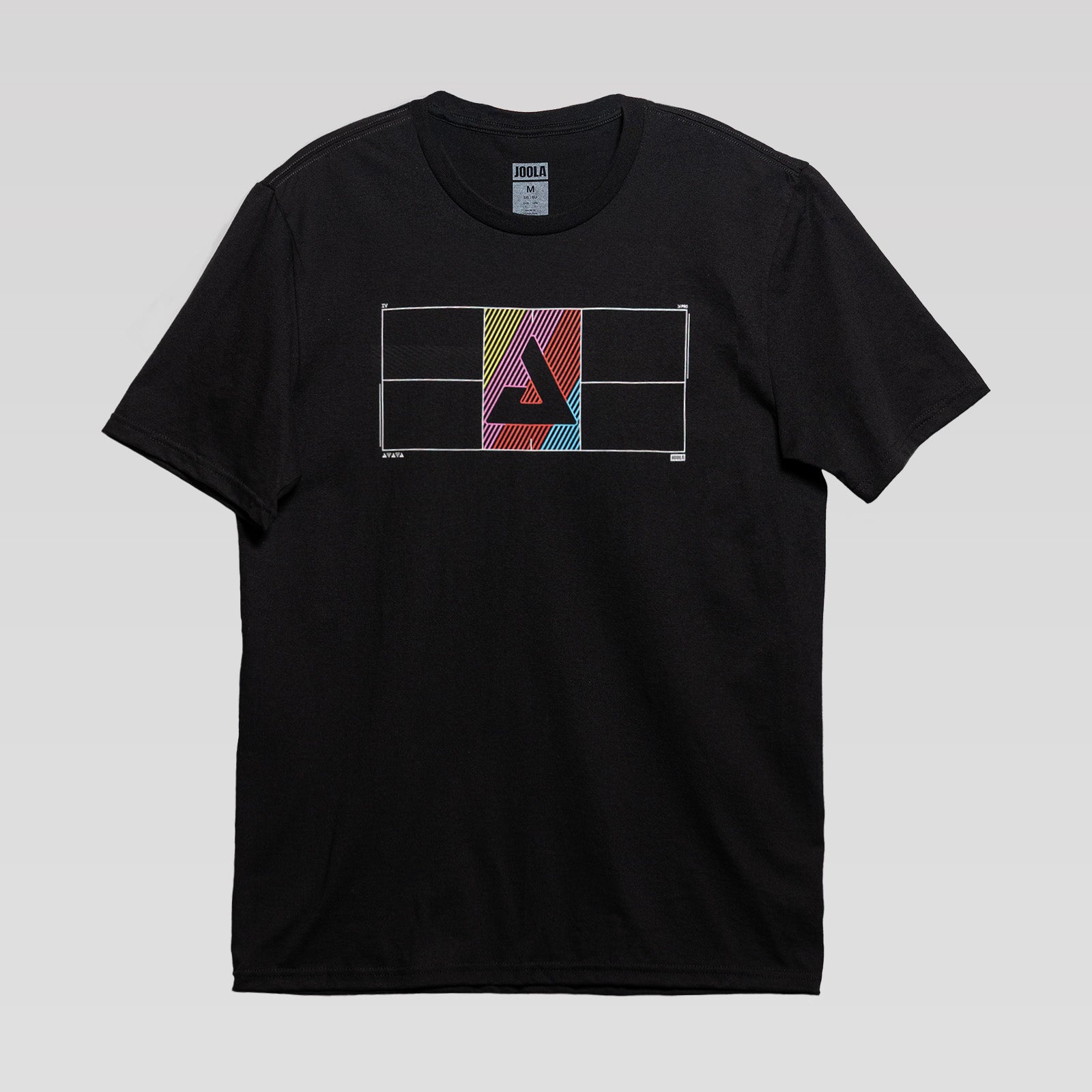 White background, flat lay image of the JOOLA Pro IV court lock up graphic tee. Black.