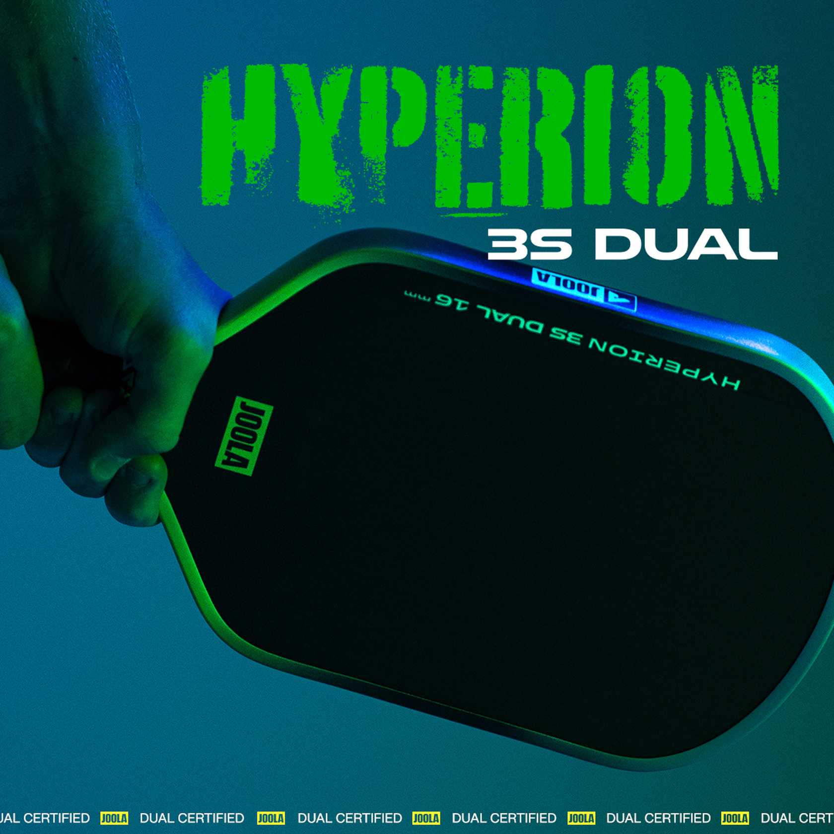 Pickleball paddle with 'Hyperion 3S Dual' branding on a blue background.