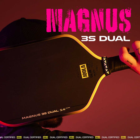 Pickleball paddle with 'MAGNUS 3S DUAL' branding on a dark background.