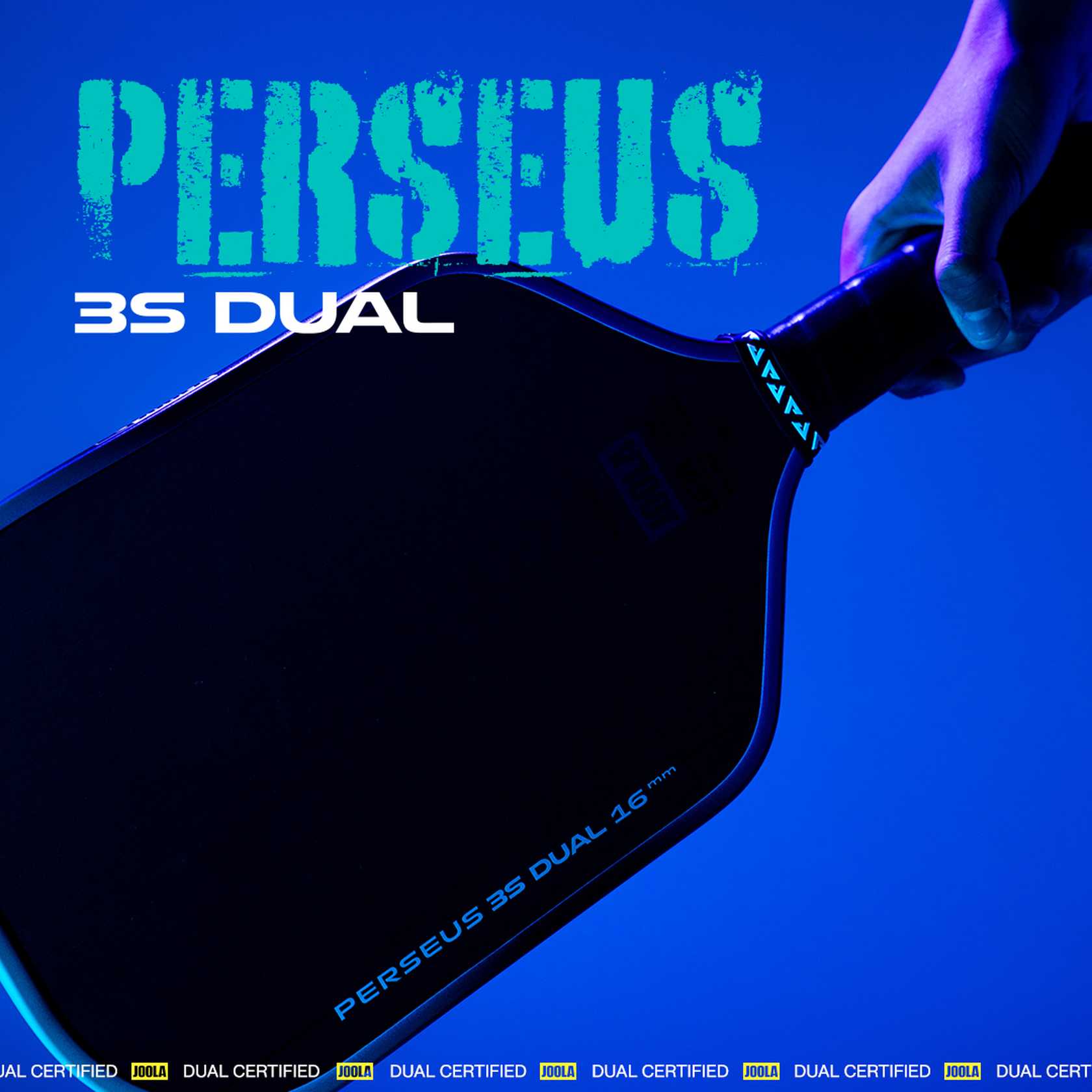 Black paddle with 'PERSEUS 3S DUAL' text on a blue background.