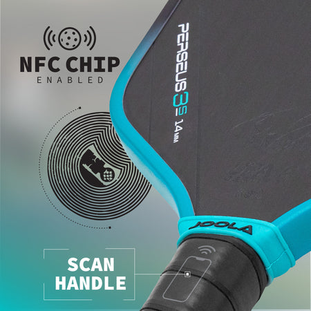 Infographic highlighting the NFC Chip-Enabled handle on the JOOLA Perseus 3S 14mm pickleball paddle.