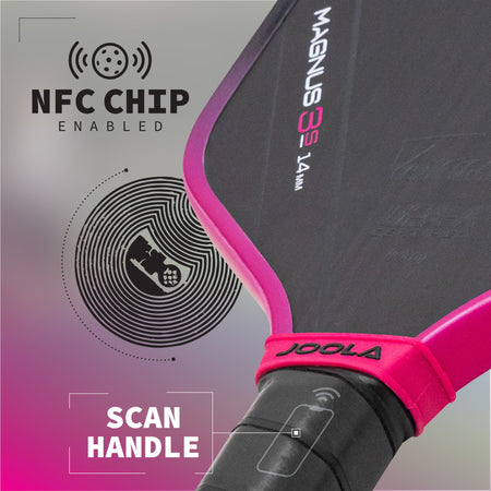 Infographic showing the NFC Chip-Enabled handle on the JOOLA 3S Magnus 14mm pickleball paddle.