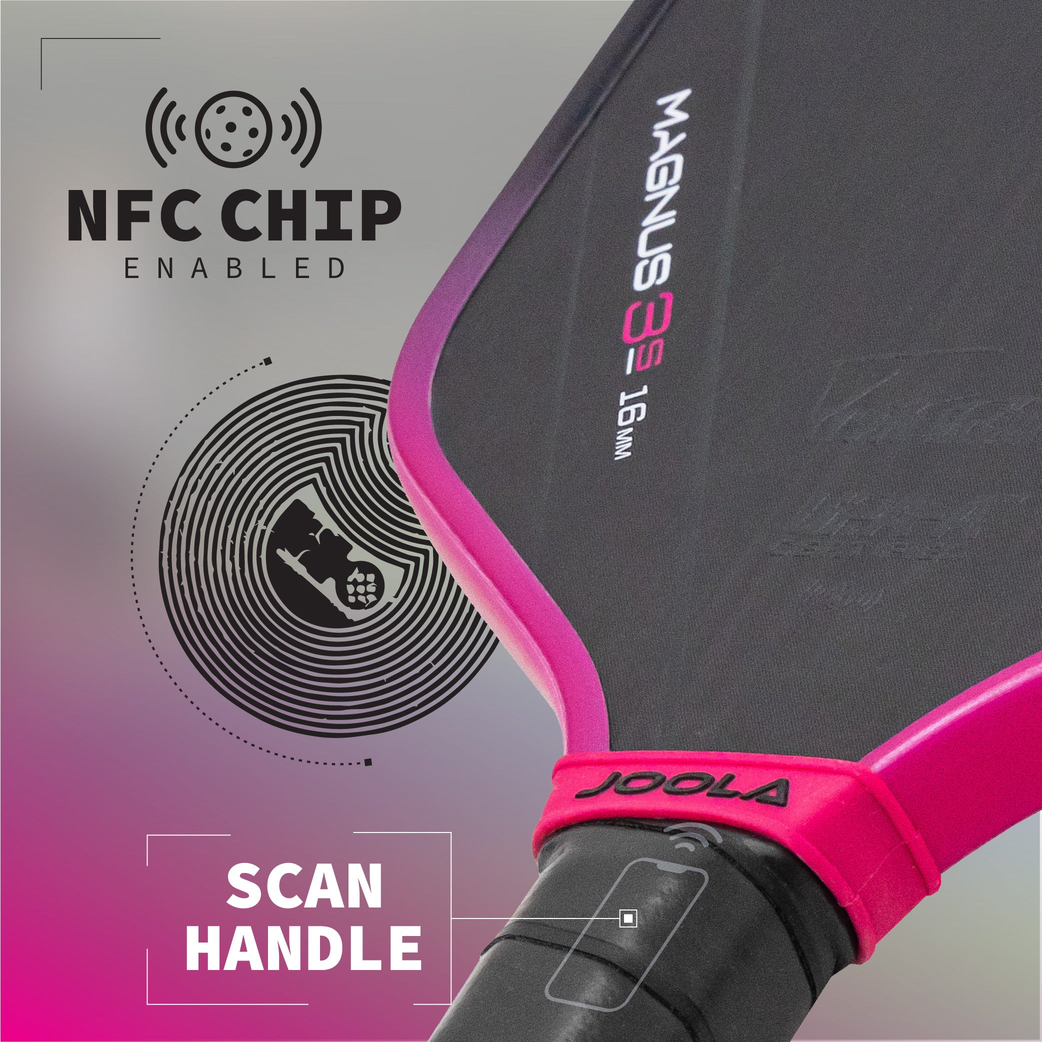 Infographic showing the NFC Chip-enabled handle on the JOOLA 3S Magnus 16mm pickleball paddle.