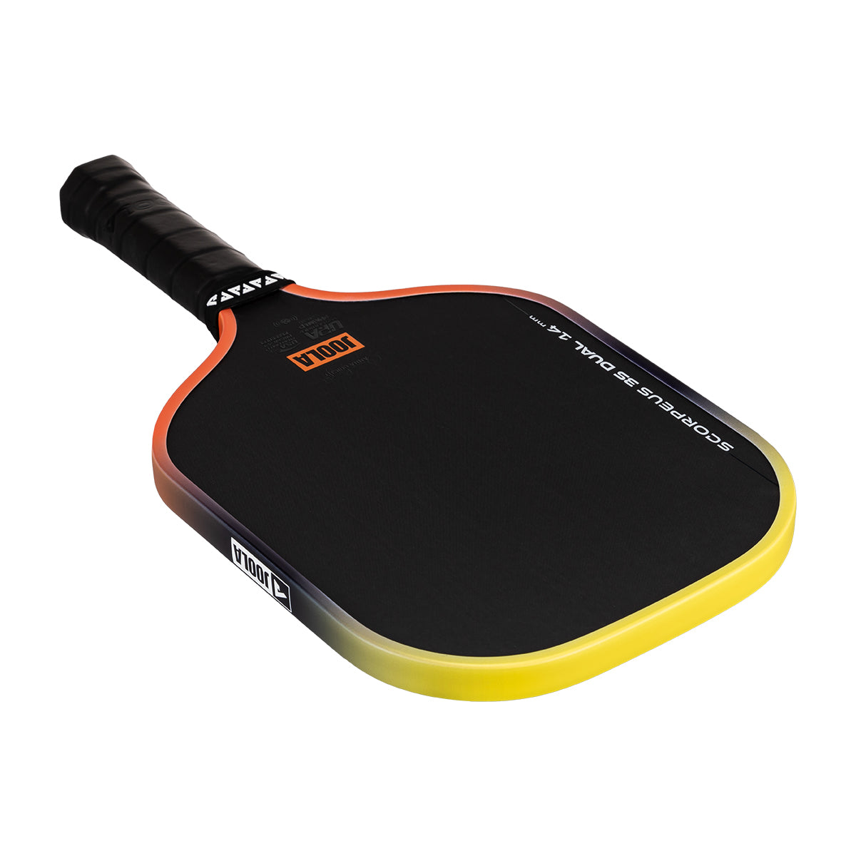 White background, Orange and Yellow gradiant edge guard on the JOOLA 3S Dual Scorpeus Pickleball Paddle.