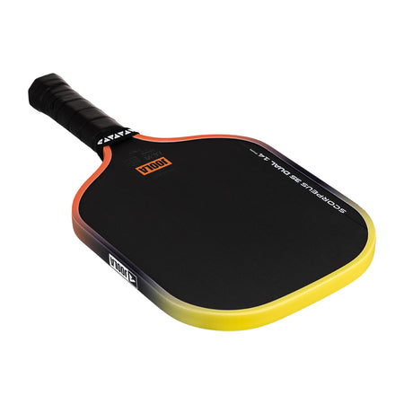 White background, Orange and Yellow gradiant edge guard on the JOOLA 3S Dual Scorpeus Pickleball Paddle.