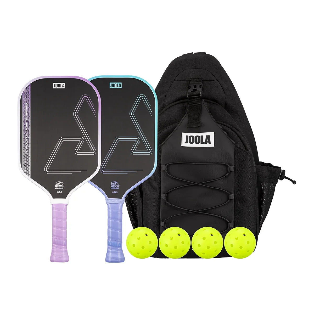 White background, image of two JOOLA Perseus Heat Vision pickleball paddle, four JOOLA Pickleballs and a JOOLA back pack.