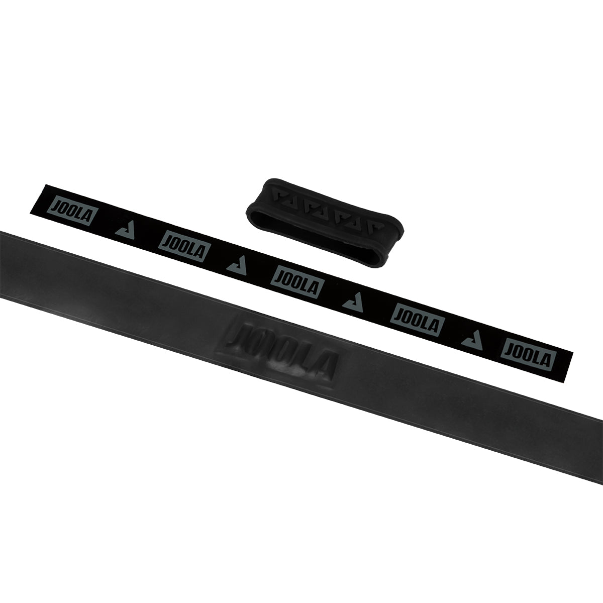 White background, image of black JOOLA Fel-Tec Pure Grip unrolled with a black JOOLA rubber band pictured.