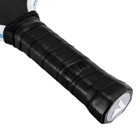 White background, close up image of JOOLA Fel-Tec replacement grip applied to the handle of a pickleball paddle.