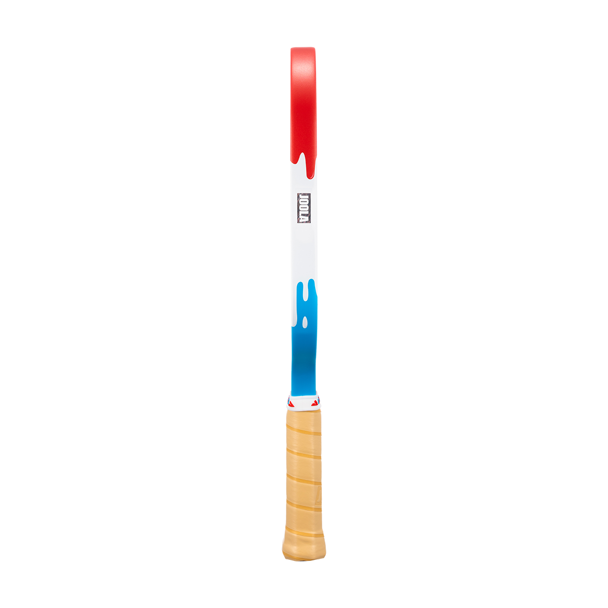 Side profile of the JOOLA Scorpeus pickleball paddle red, white, blue, and brown handle. 