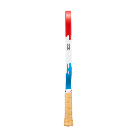 Side profile of the JOOLA Scorpeus pickleball paddle red, white, blue, and brown handle. 