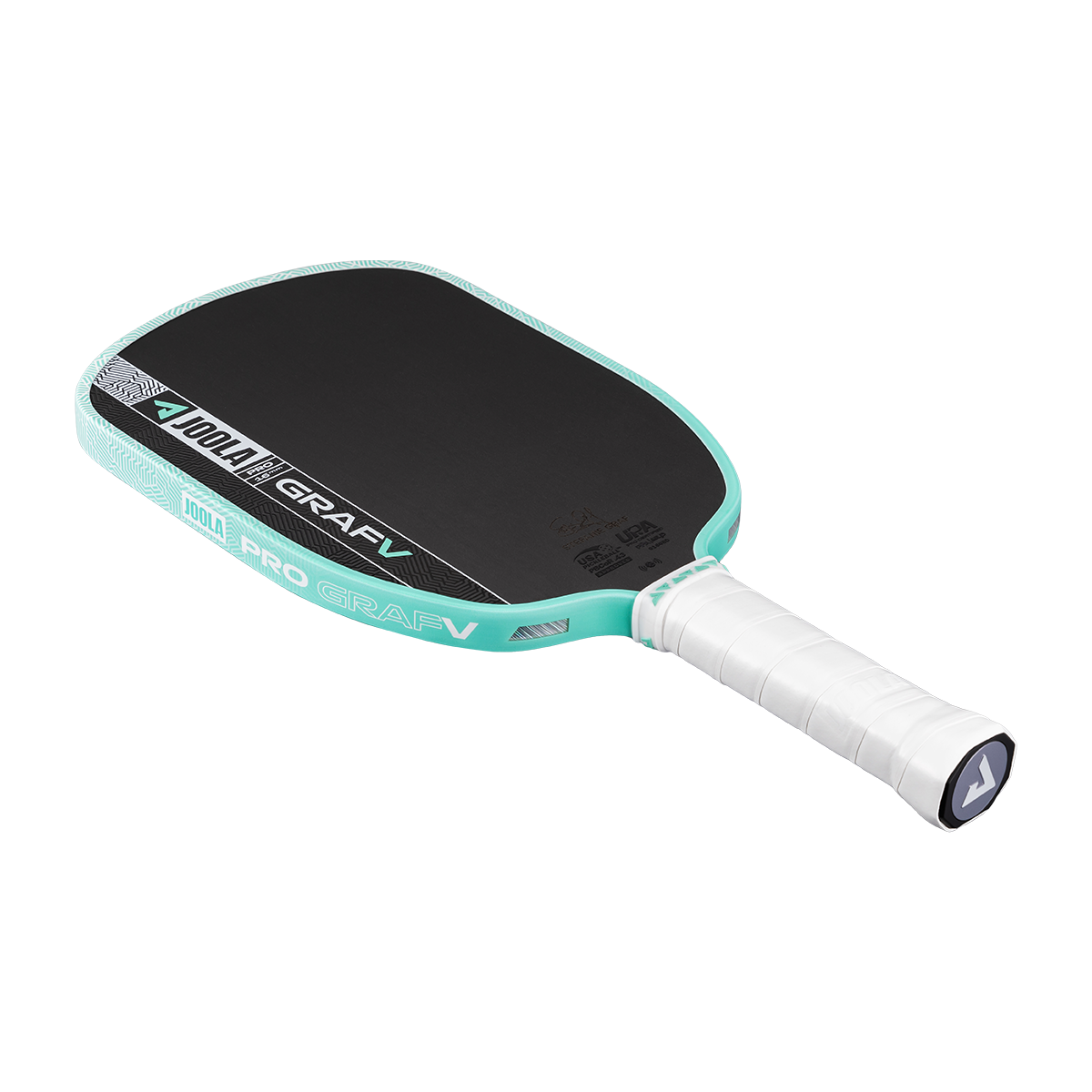 White background, product image of the Graf Pro V pickleball paddle, teal edge guard with a white handle.