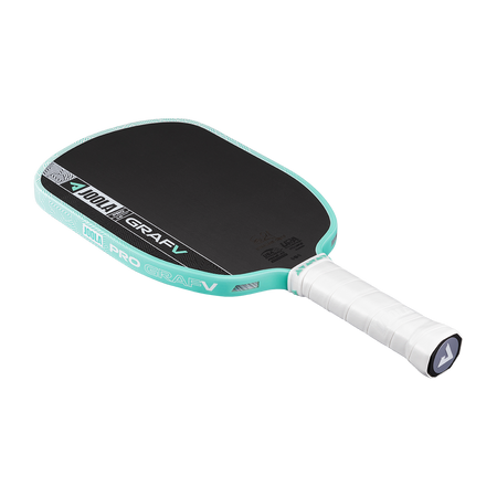 White background, product image of the Graf Pro V pickleball paddle, teal edge guard with a white handle.