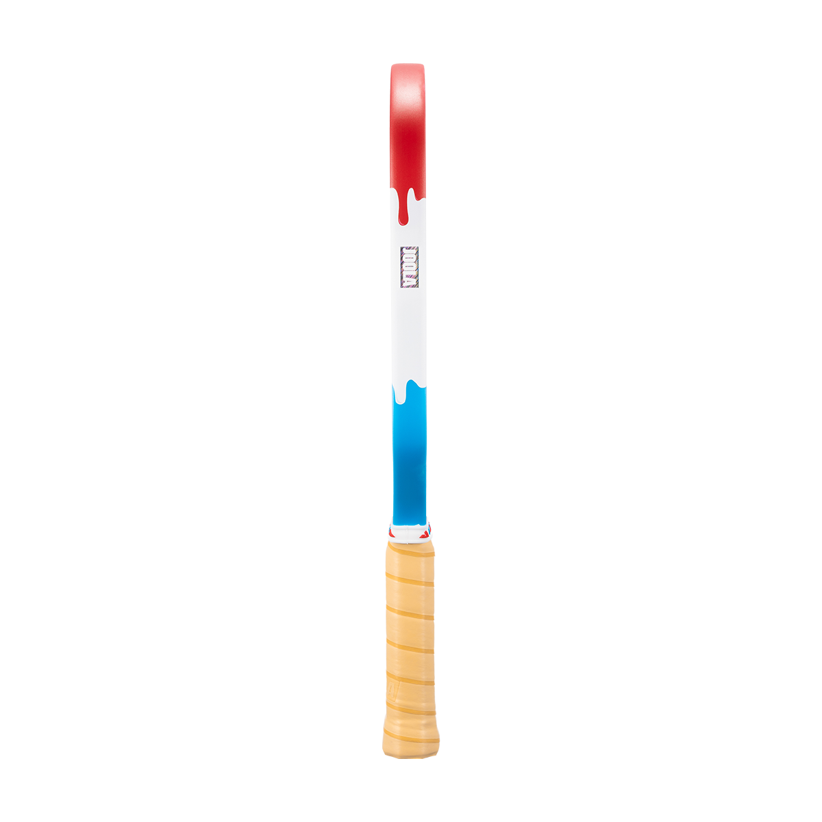 Image showing the drippy red, white and blue edge guard on the JOOLA Hyperion Pro V Rally Rocket.