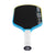 Pickleball paddle with black face, blue rim, and white handle on a white background.